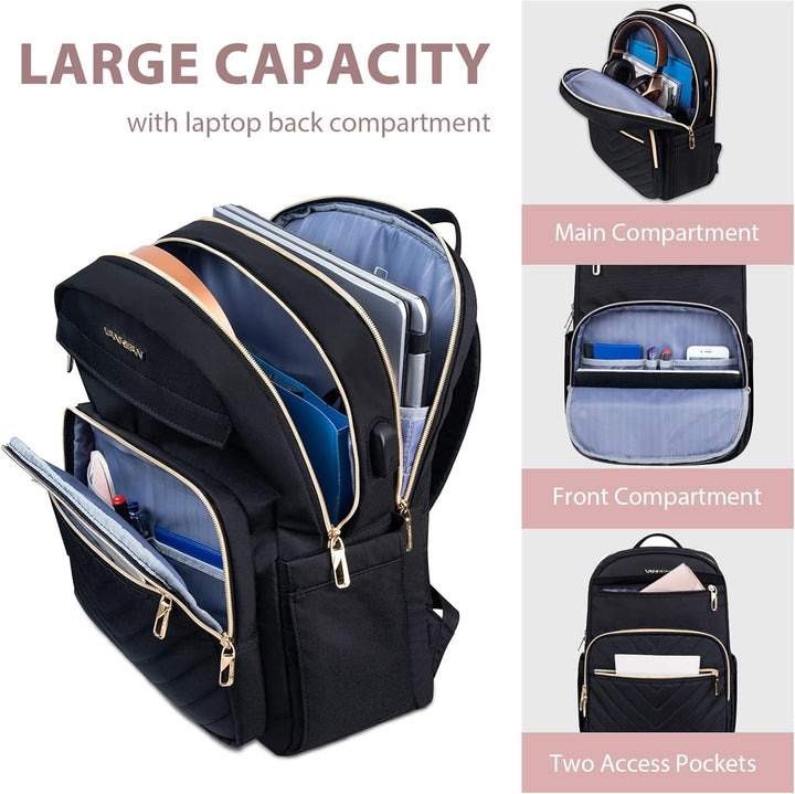 Waterproof laptop backpack (15.6") in black. Lightweight design for travel, work, school. Includes USB charging port.