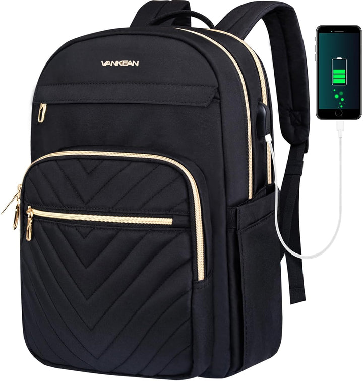Black lightweight waterproof laptop backpack (15.6") for travel, work, school. Unisex, durable, with USB port.