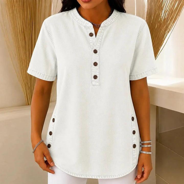 Essential women's short sleeve Henley tunic, relaxed fit, stylish side buttons for versatile looks.