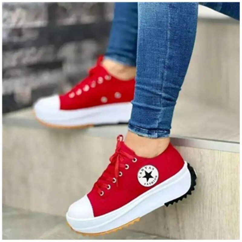 Woman taking a step in supportive orthopedic platform walking sneakers, ultimate comfort.