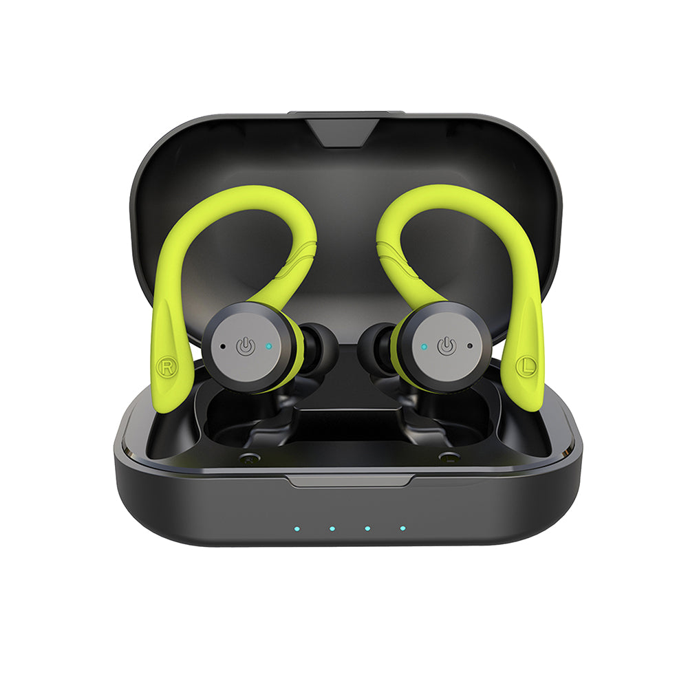 Close-up of waterproof Bluetooth sport earbuds, ideal for swimming, running, and intense workouts.