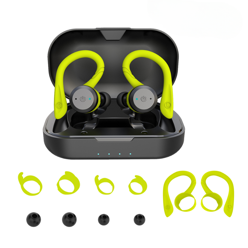 Unisex wireless sport earbuds charging in their case, ensuring 20 hours of waterproof audio playtime.