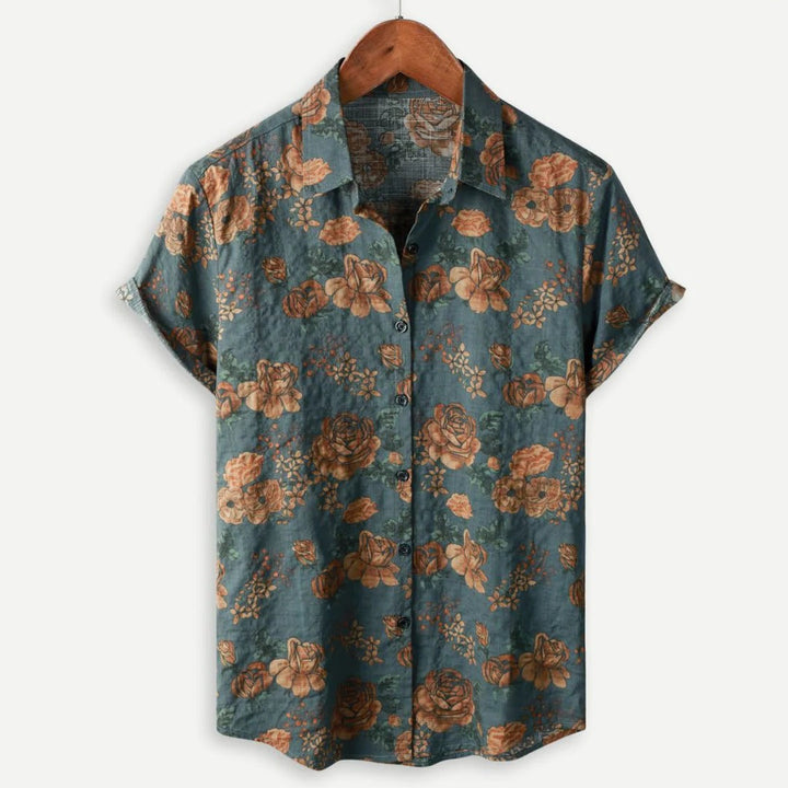 Men's vibrant floral Hawaiian short sleeve button down shirt, perfect for summer casual fashion.