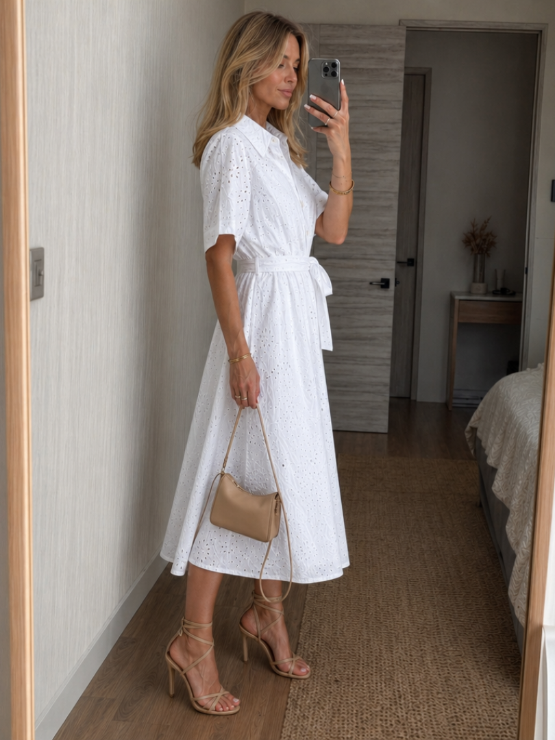 Women's versatile white midi shirt dress, perfect for summer. Features a tie waist and classic button-front design.