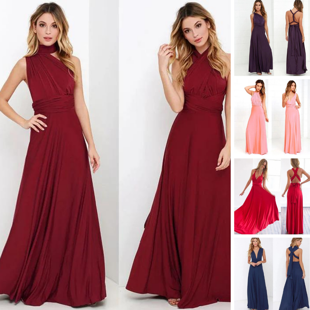 Flowing women's multi-way wrap maxi dress in motion, highlighting its elegant design & versatile styling.
