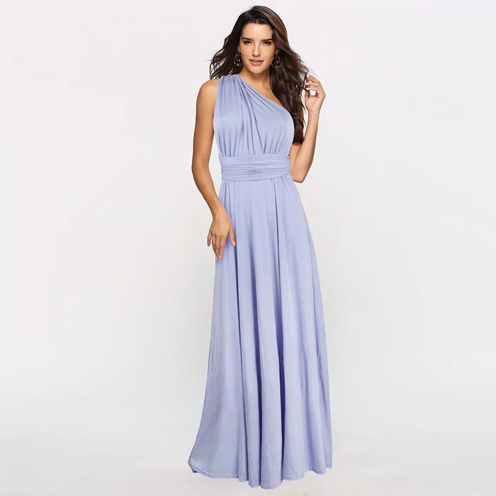 Women's elegant one-shoulder multi-way wrap dress. A versatile maxi for formal and evening wear.
