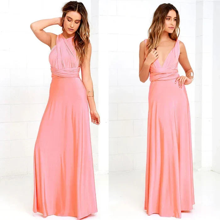 Women's convertible wrap maxi dress styled as a chic halter neck. Ideal for evening or cocktail parties.