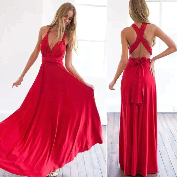 Elegant women's multi-way wrap dress with a stylish front knot. Versatile maxi for formal or casual chic.