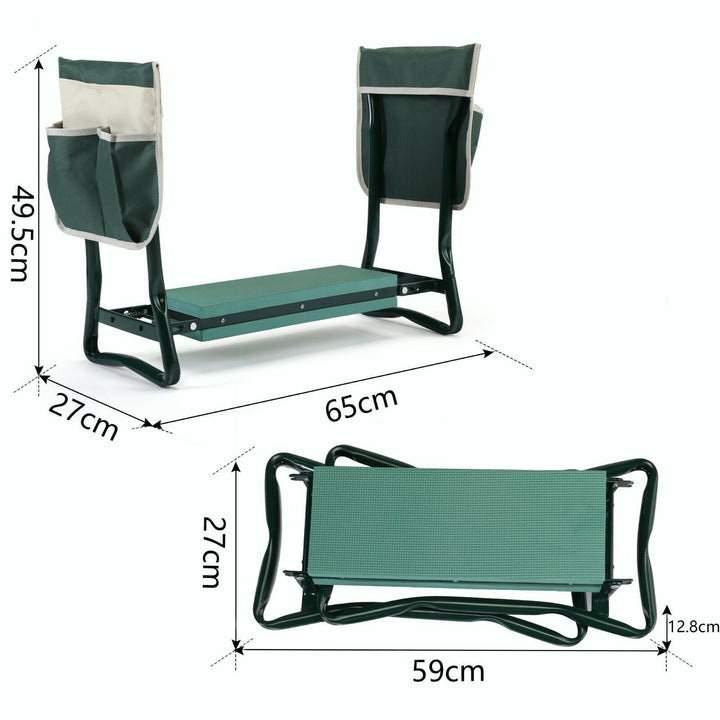 Ergonomic cushioned garden kneeler and utility stool, offering back relief during planting and garden work.