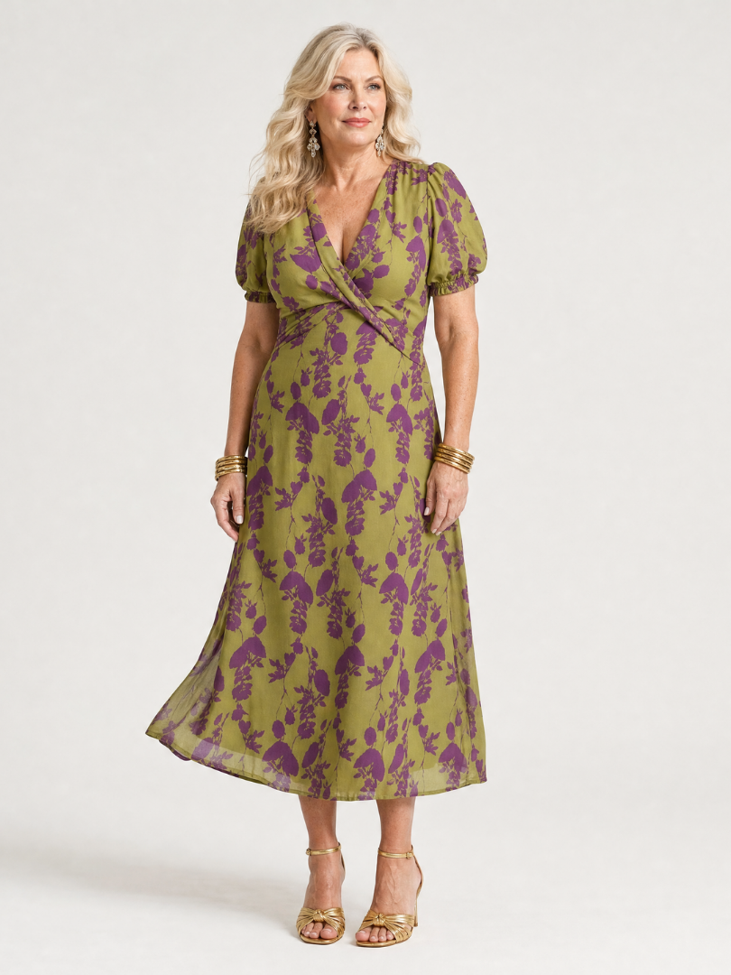 Flowing women's floral midi wrap dress with a flattering V-neck and comfortable short sleeves.