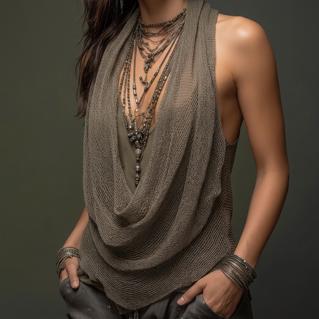Women's cowl neck draped halter top. Elegant sleeveless design for versatile styling.