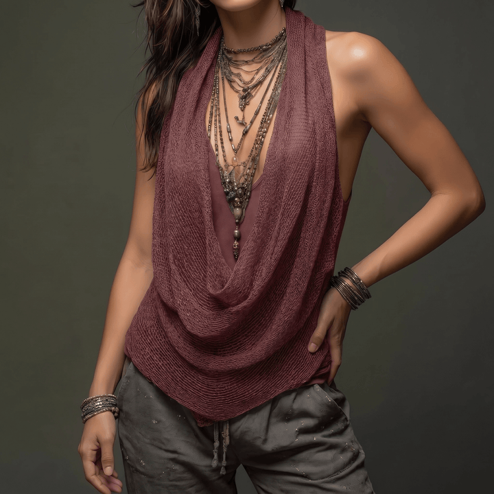 Elegant women's cowl neck draped halter top. Sleeveless summer fashion for stylish comfort.