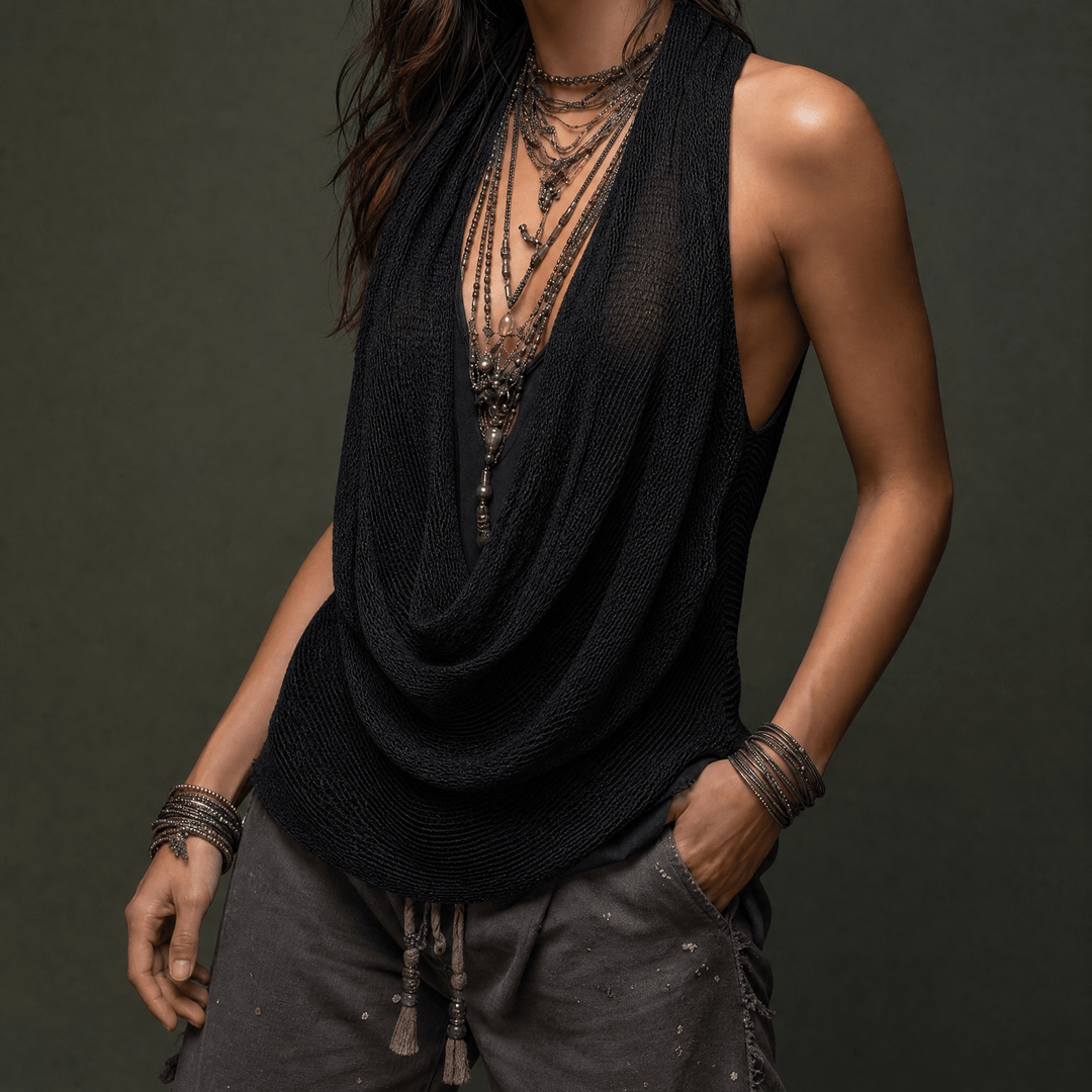 Modern women's cowl neck draped halter top. Sleeveless design offers an elegant, stylish look.