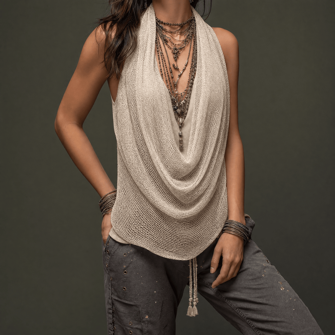 Women's cowl neck draped halter top. Sleeveless, elegant, and comfortable for summer fashion.