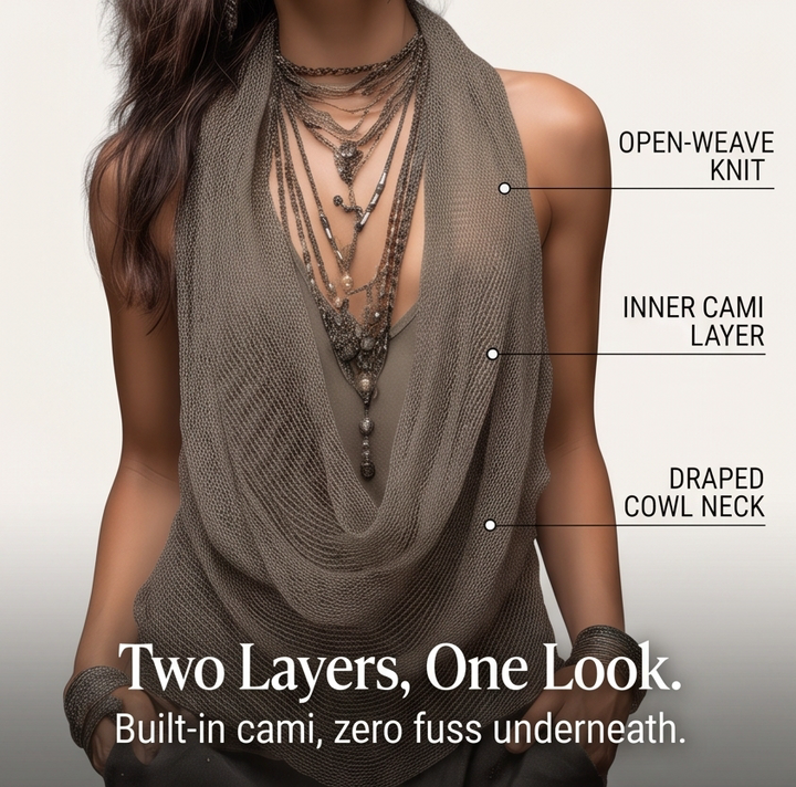 Elegant women's draped halter top with a flattering cowl neck. Sleeveless, stylish, and comfortable.