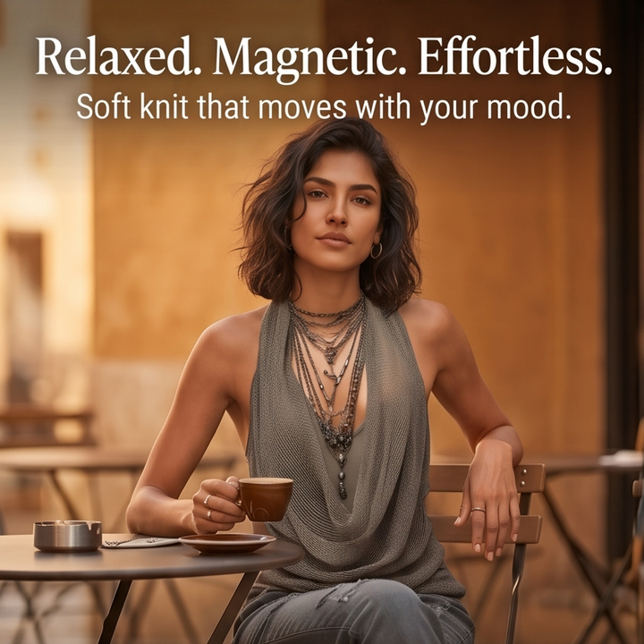 Flowy women's cowl neck halter top with elegant drape. Sleeveless, comfortable, and perfect for summer.