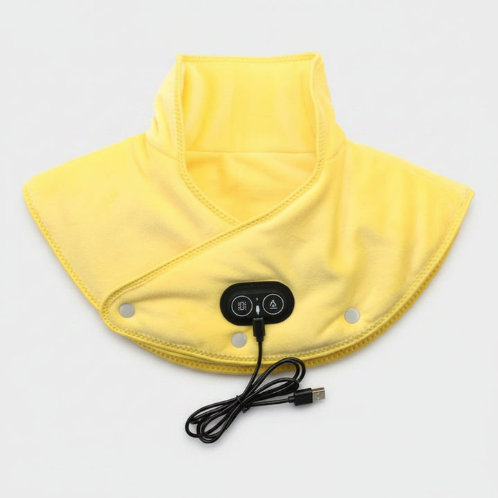 Portable USB heated comfort pad for neck & shoulders, delivering vibration massage and muscle pain relief.