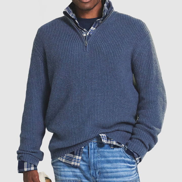 Stylish men's long sleeve zip sweater for business casual outfits. Timeless men's fashion for comfort & versatility.