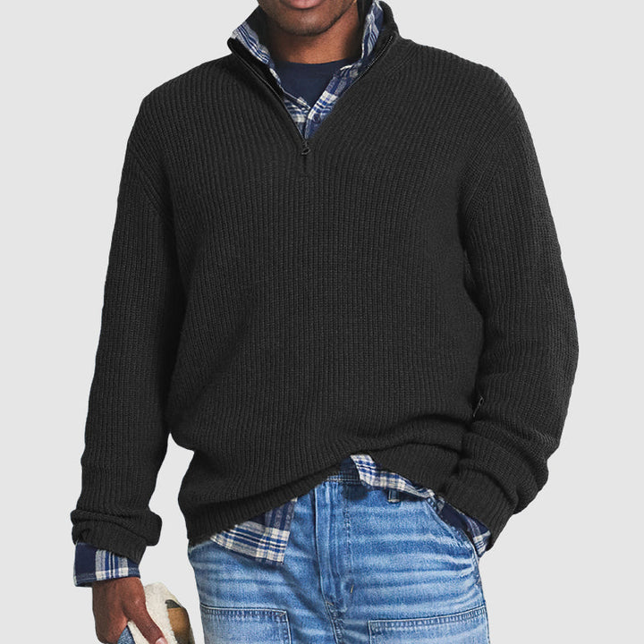 Men's long sleeve business-casual zip sweater, providing comfort and timeless style for daily wear. Essential knitwear.
