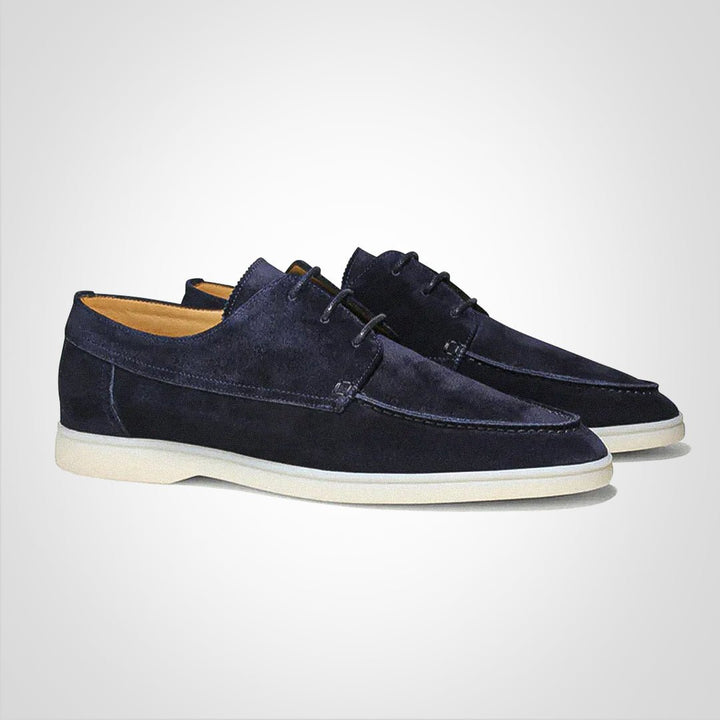 Stylish men's lace-up suede-look boat shoes, perfect for everyday comfort and summer walking. Casual low-top.