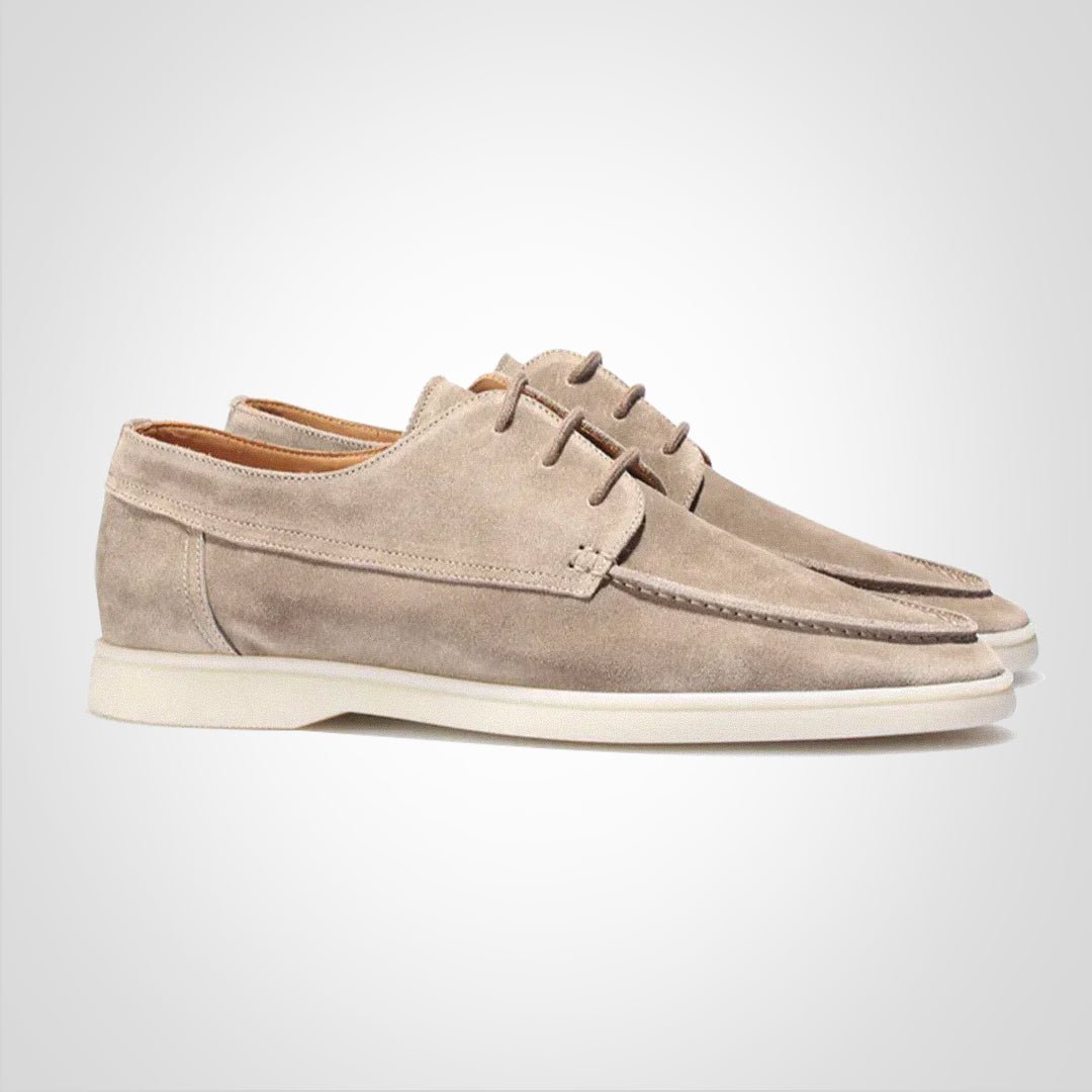 Men's lace-up suede-look boat shoes, a stylish & comfortable choice for summer & warm weather casual footwear.