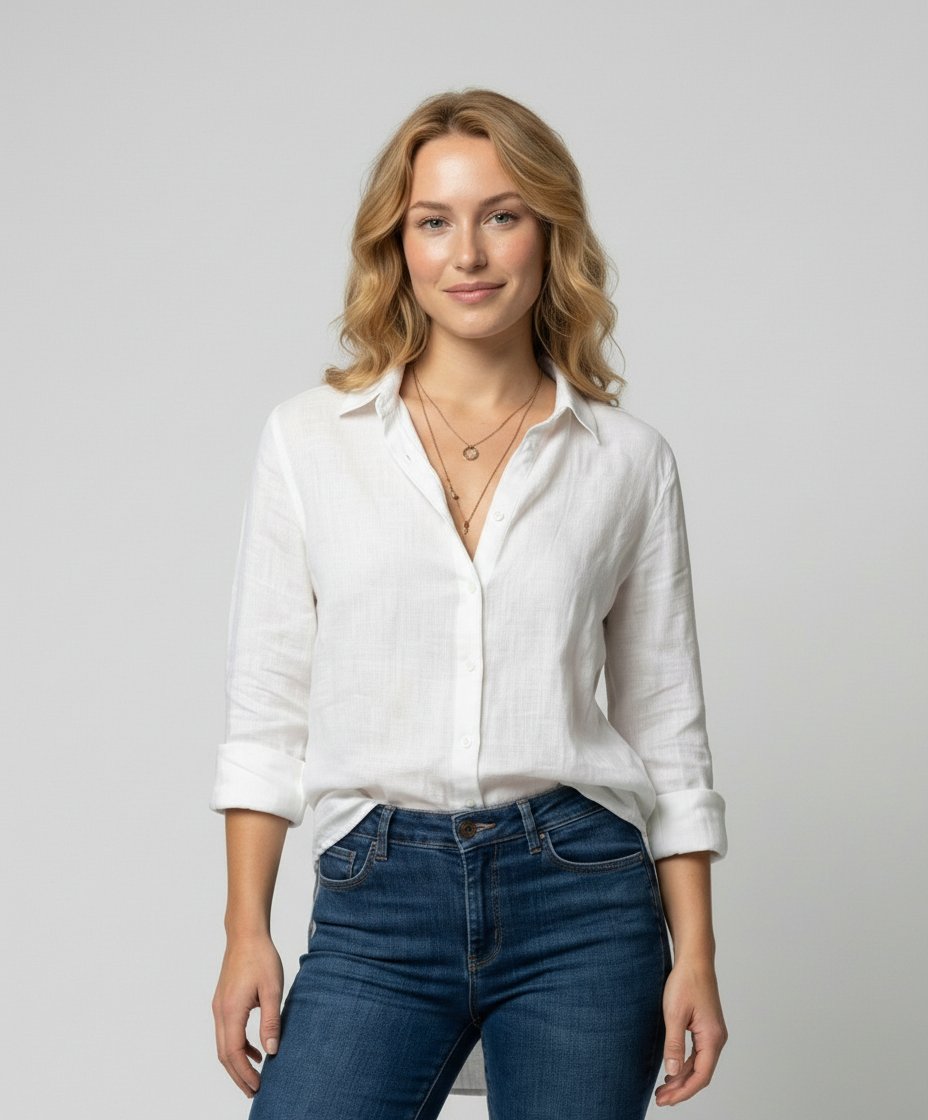 Women's timeless relaxed-fit button-up shirt in a versatile solid color, perfect for everyday wear.
