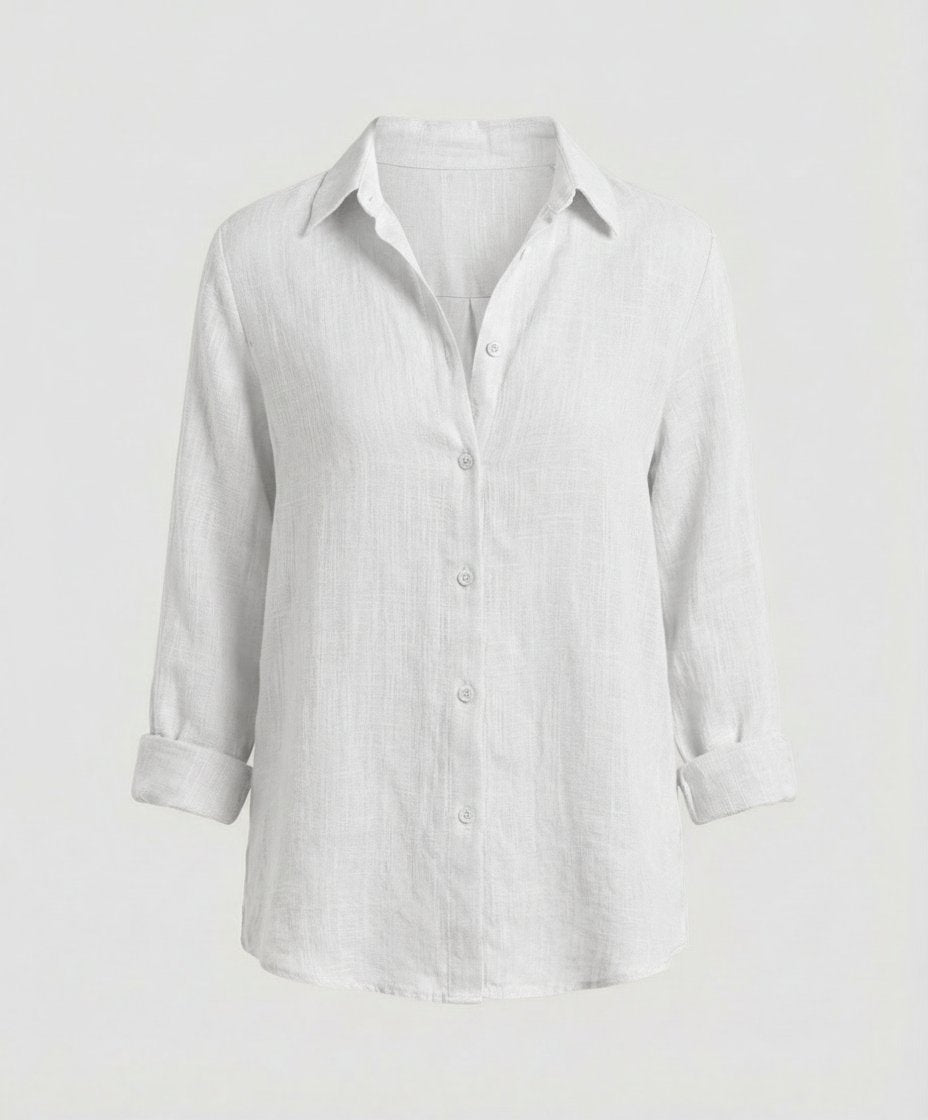 Timeless women's relaxed-fit button-up shirt offers comfortable everyday wear & chic casual style.