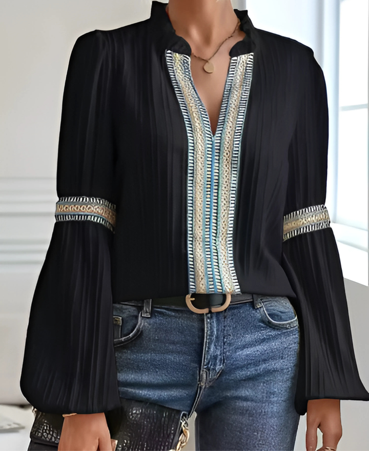 Relaxed fit women's long sleeve V-neck blouse, versatile casual top with elegant embroidery.
