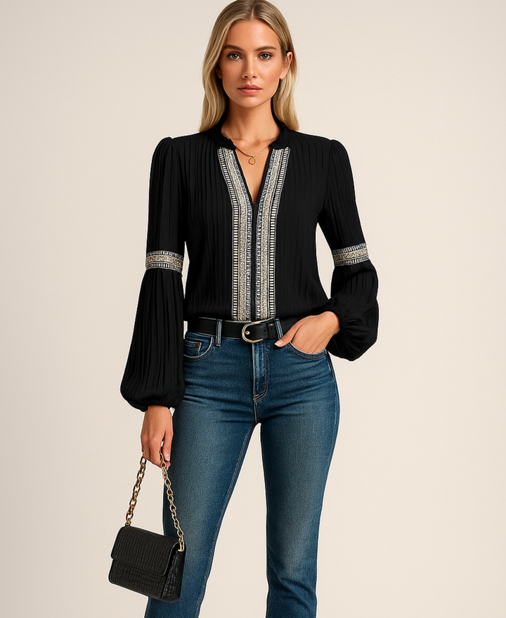 Fashionable women's embroidered V-neck blouse with long sleeves, an elegant and versatile casual top.