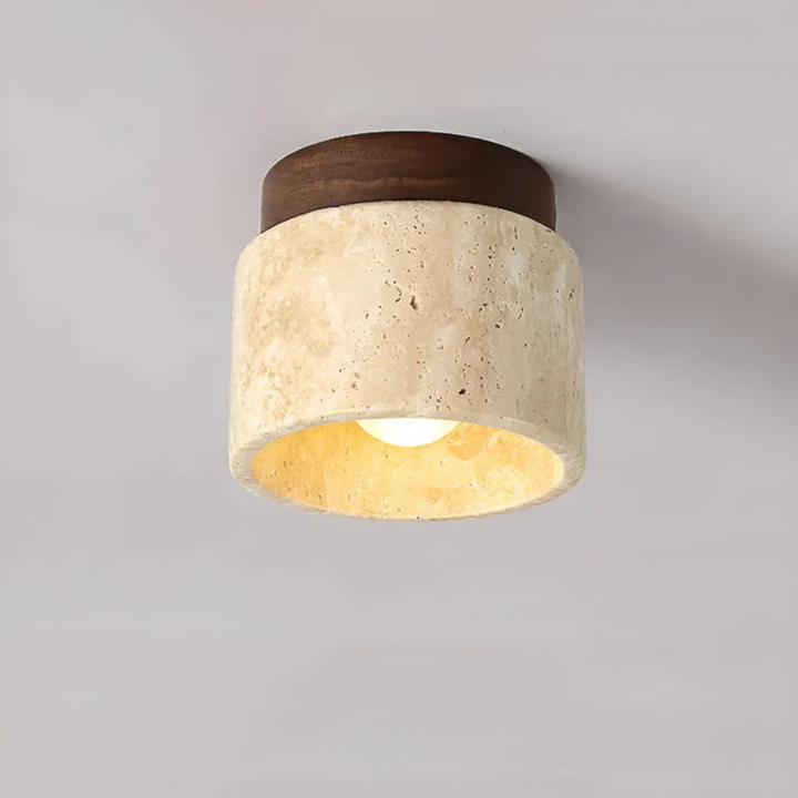 Minimalist Wabi Sabi Japanese ceiling lamp, yellow marble aesthetic, natural wood, and stone textures for serene home decor.