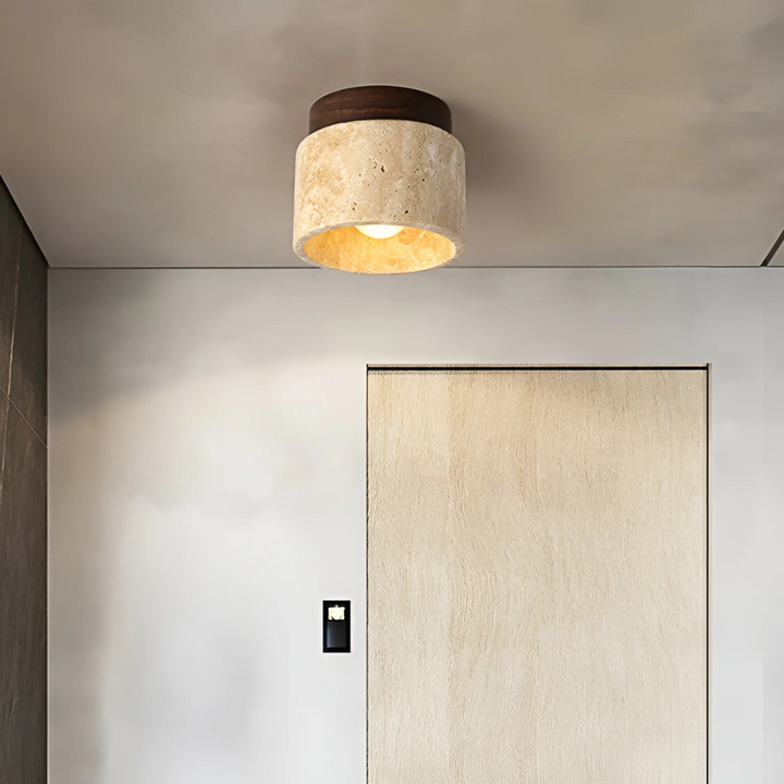 Wabi Sabi Japanese ceiling lamp with a yellow marble aesthetic, natural wood accents for minimalist home decor.