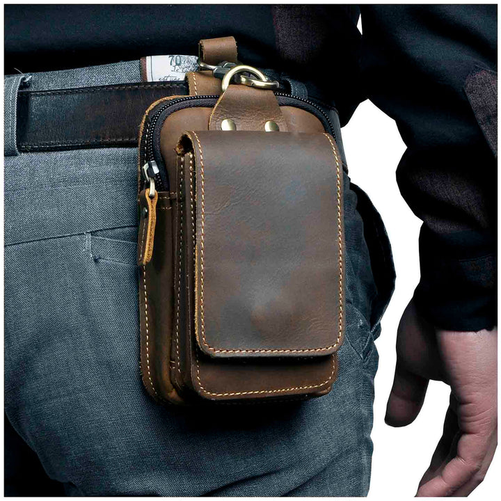Vintage brown unisex waist pack, stylish & secure for everyday essentials.
