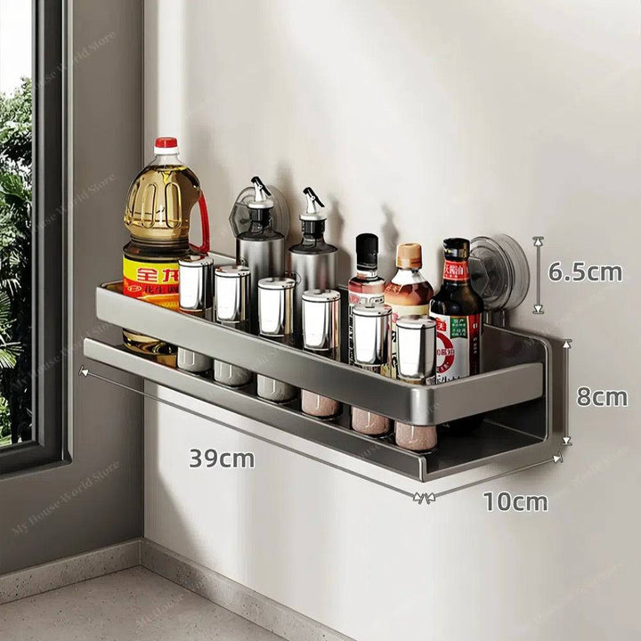 Space-saving kitchen wall organizer: stainless steel suction cup spice rack for spice bottles.