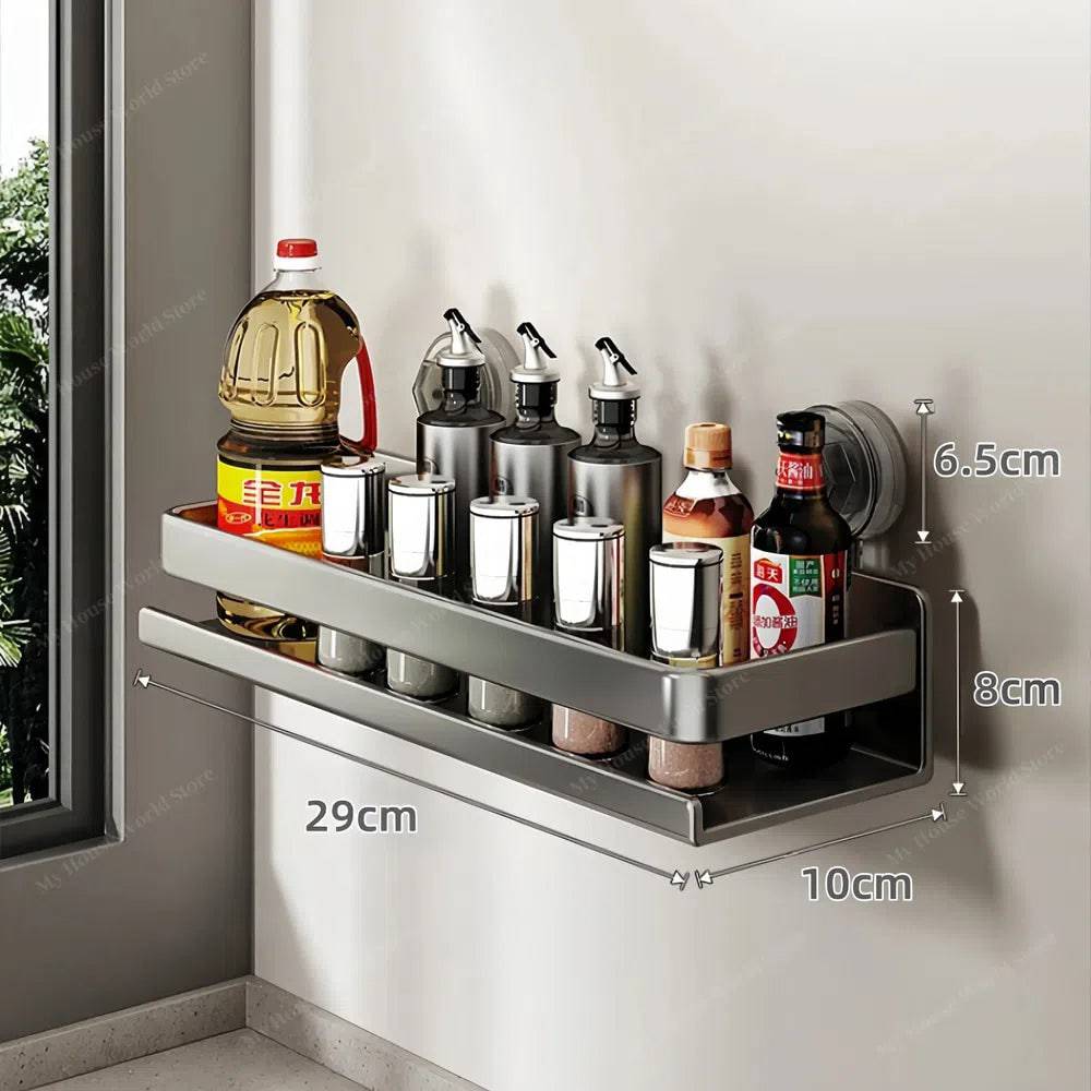 Versatile wall mounted suction cup stainless steel spice rack for organized kitchen & pantry.