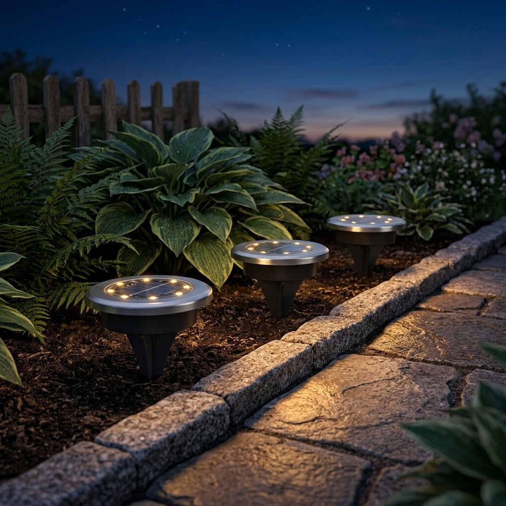 Warm-glow solar path lights illuminating a garden path at dusk, providing automatic outdoor lighting.