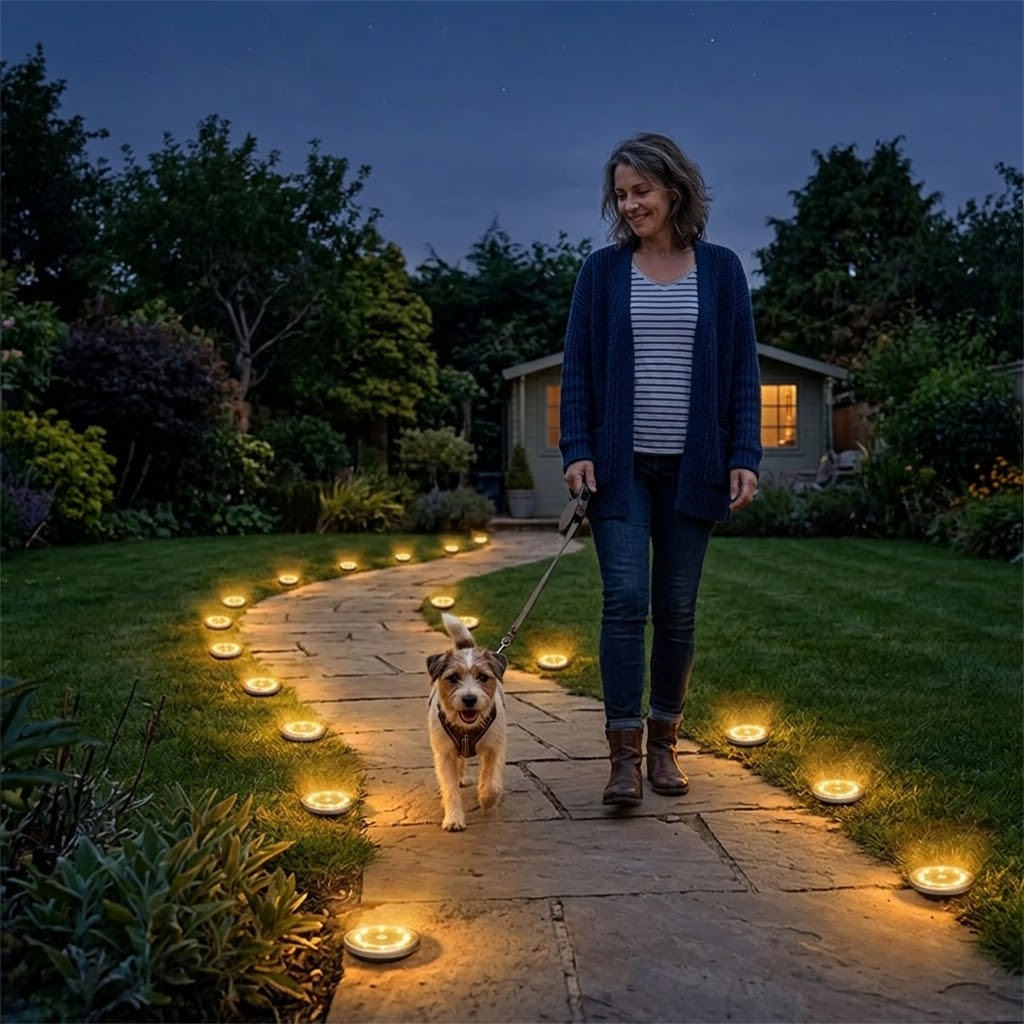 Set of warm-glow solar path lights, providing automatic, energy-efficient garden and landscape illumination.