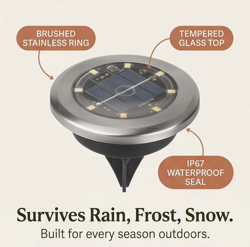 Close-up of a warm-glow solar path light, showcasing its durable, weather-resistant design and automatic function.