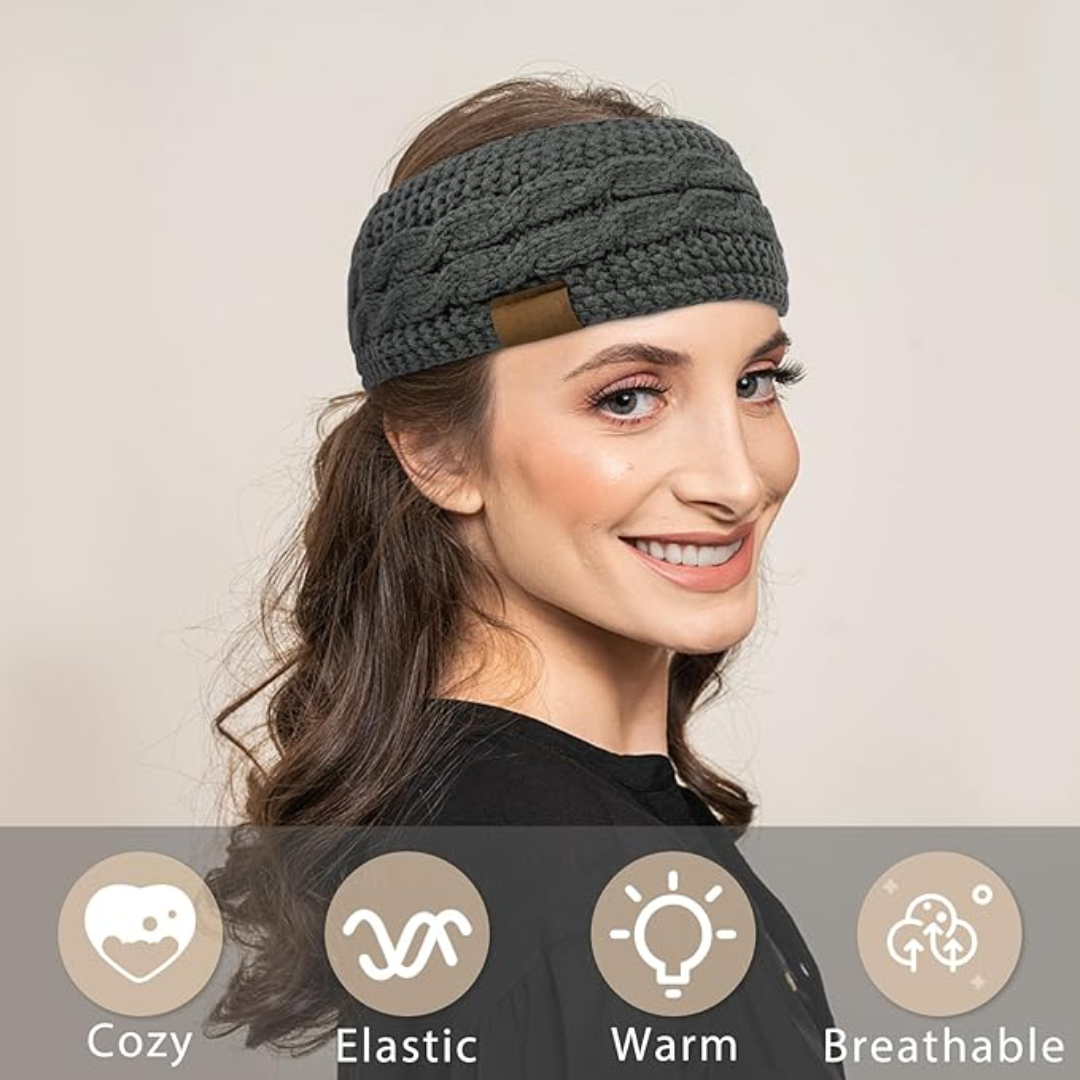 Stylish women's knitted ear warmer headband with soft fleece lining for cold weather.