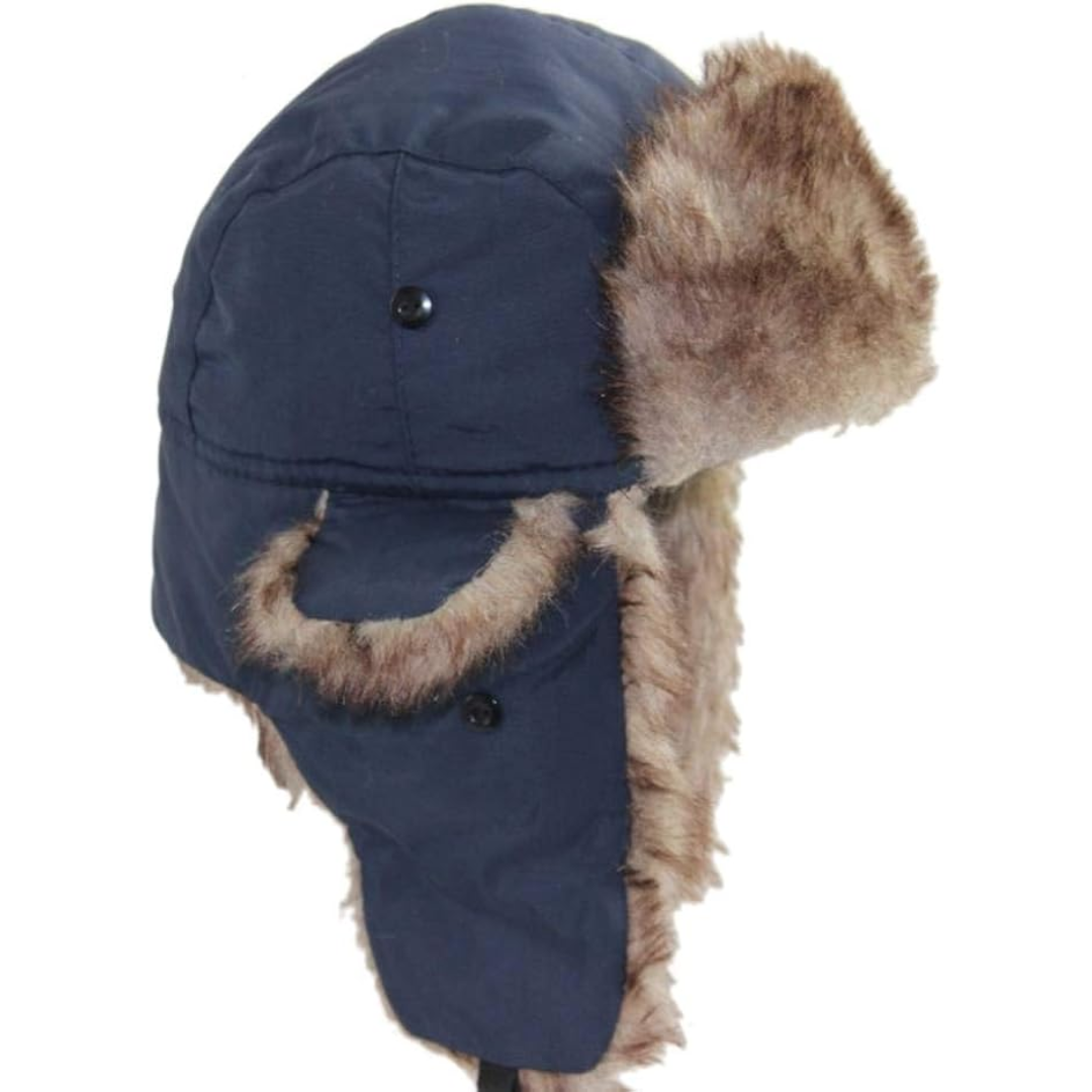 Winter trapper hat with cozy faux fur trim & ear flaps, designed to be warm & windproof for extreme cold.