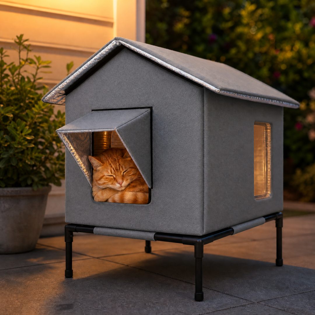 Insulated feral cat shelter, weatherproof & cozy pet home for winter outdoor care.