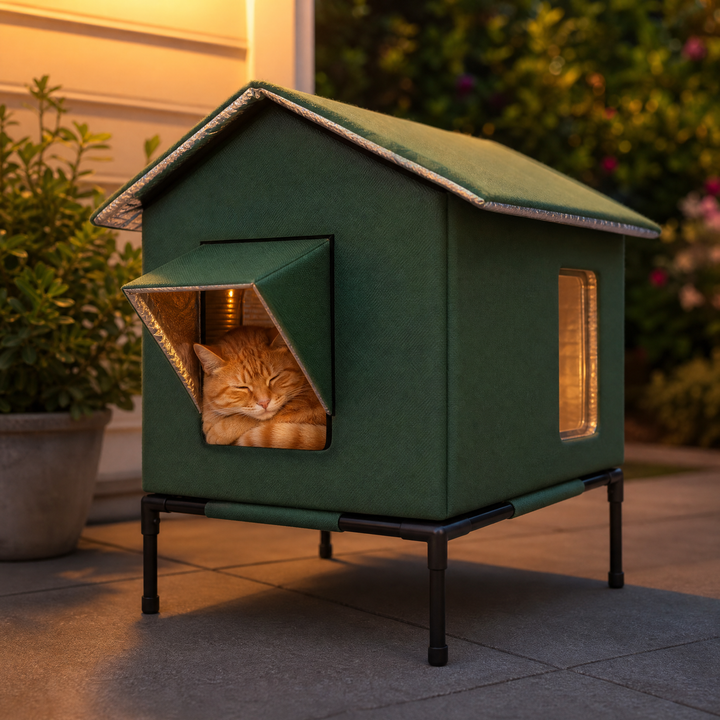 Weatherproof cat home with thermal lining, perfect for outdoor cats in cold weather.