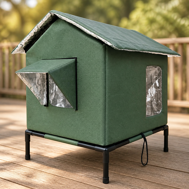 Durable waterproof cat house, insulated pet shelter providing winter warmth for strays.