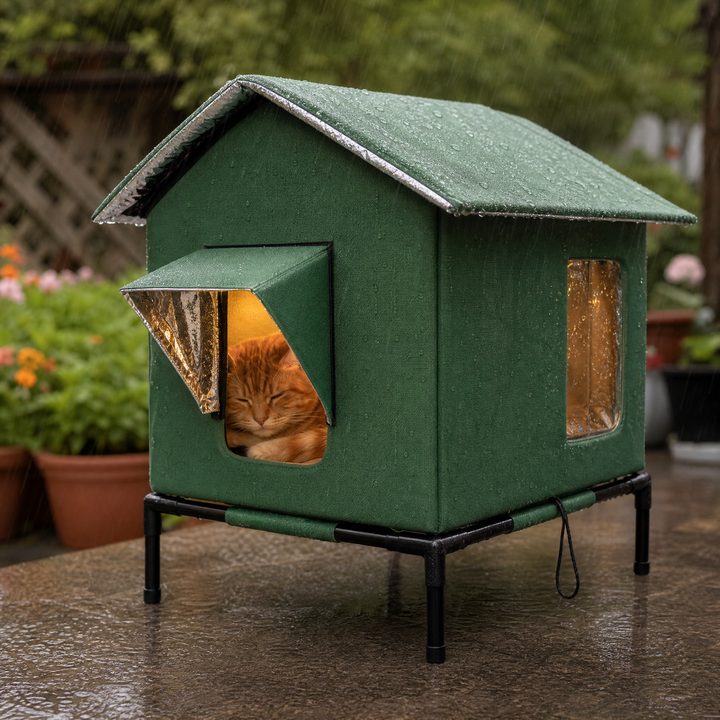 Cozy thermal cat bed in an outdoor waterproof house, ideal for winter pet care.
