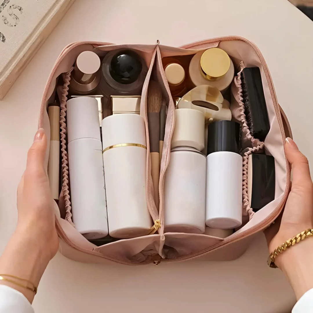 Black waterproof makeup bag for women, perfect travel toiletry organizer with durable design.
