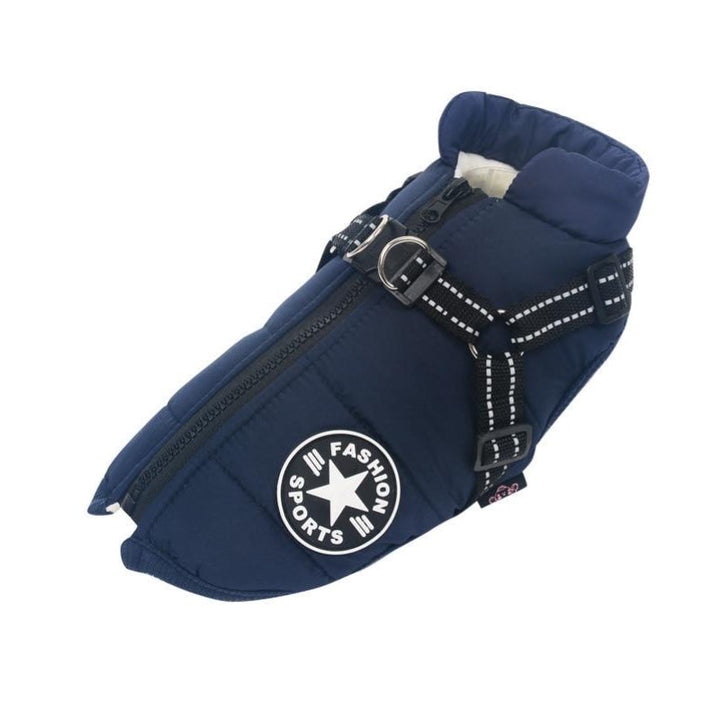 Highly visible reflective dog jacket, waterproof for pet safety and comfort in low light.