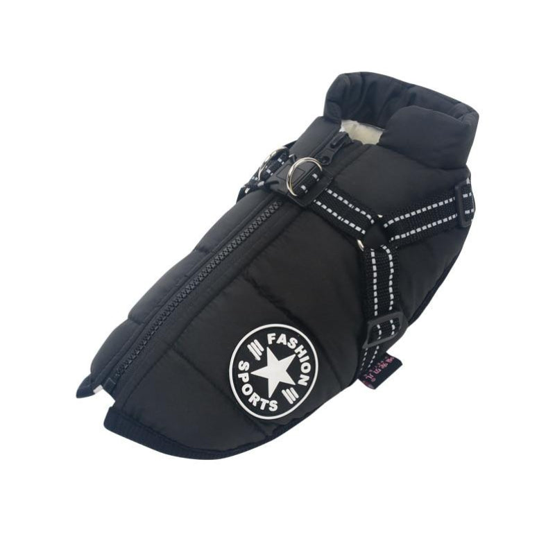 All-weather waterproof dog jacket with reflective belt, ideal outdoor gear for active pets.