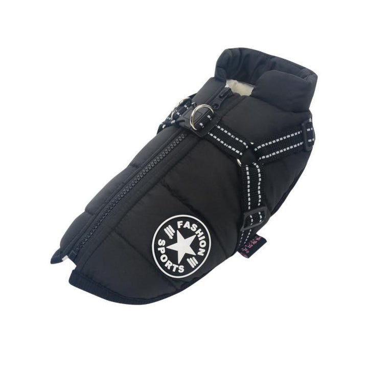 All-weather waterproof dog jacket with reflective belt, ideal outdoor gear for active pets.