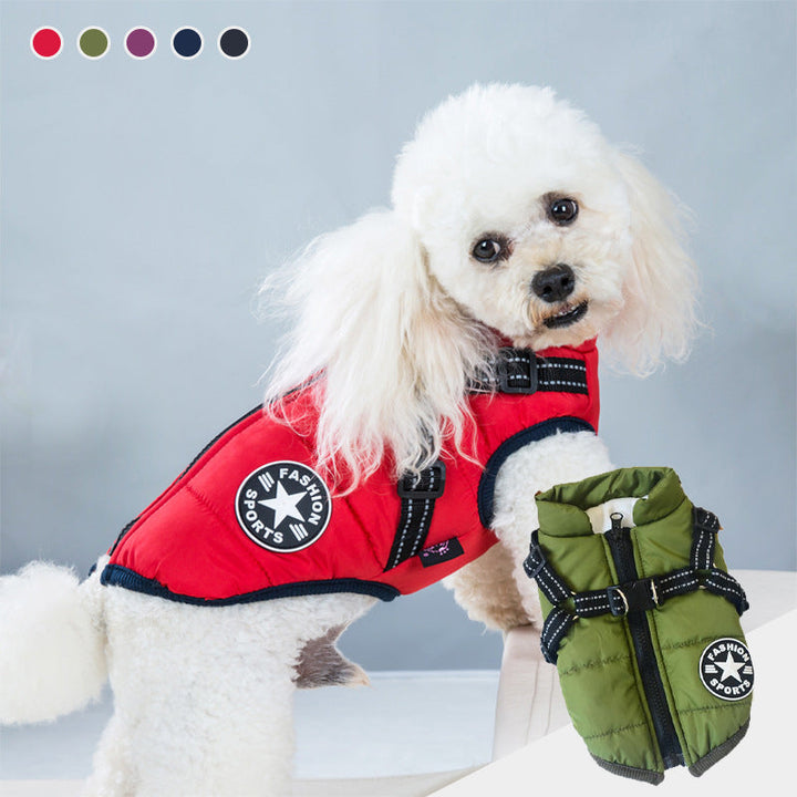 Durable waterproof dog coat with reflective belt for all weather, essential dog apparel.