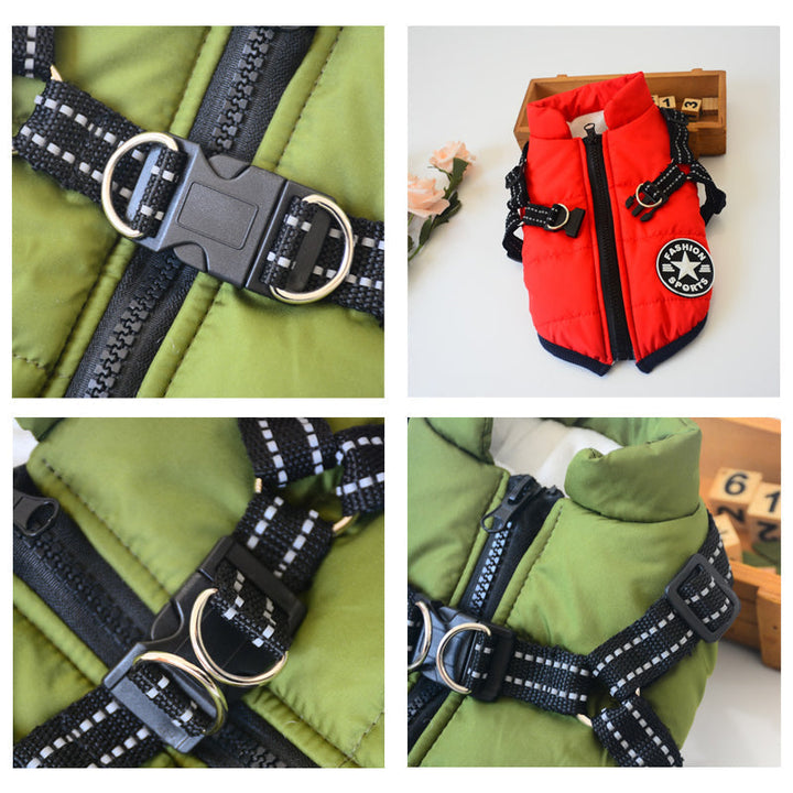 Premium waterproof pet jacket with reflective belt, robust dog clothing for outdoor adventures.