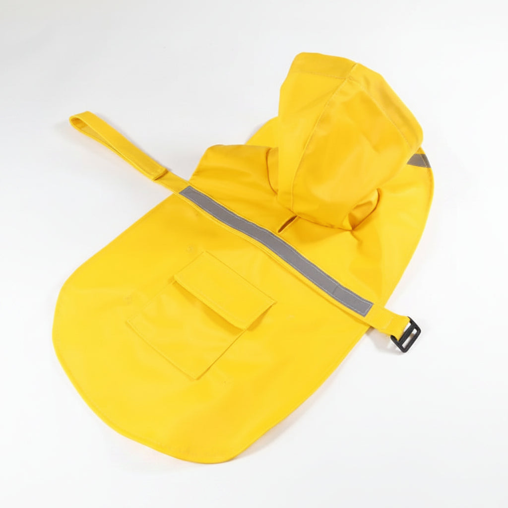 Reflective hooded dog raincoat for pet safety and protection from rain. Essential waterproof dog apparel.